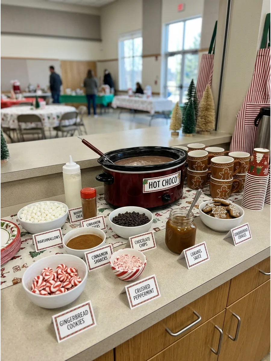 A hot chocolate bar with gingerbread syrup and various festive toppings.