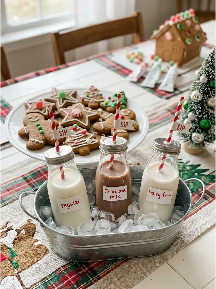Glass milk bottles with red and white straws and a plate of gingerbread cookies.
