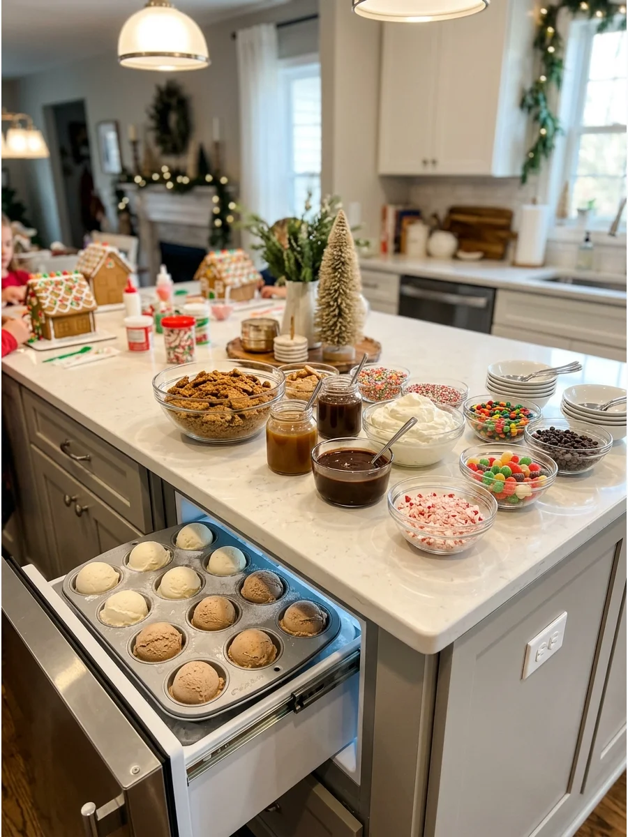 An ice cream sundae station with gingerbread cookie crumbs and caramel sauce.