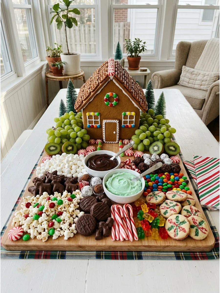 A snack board with cookies and pretzels arranged in a gingerbread house shape.