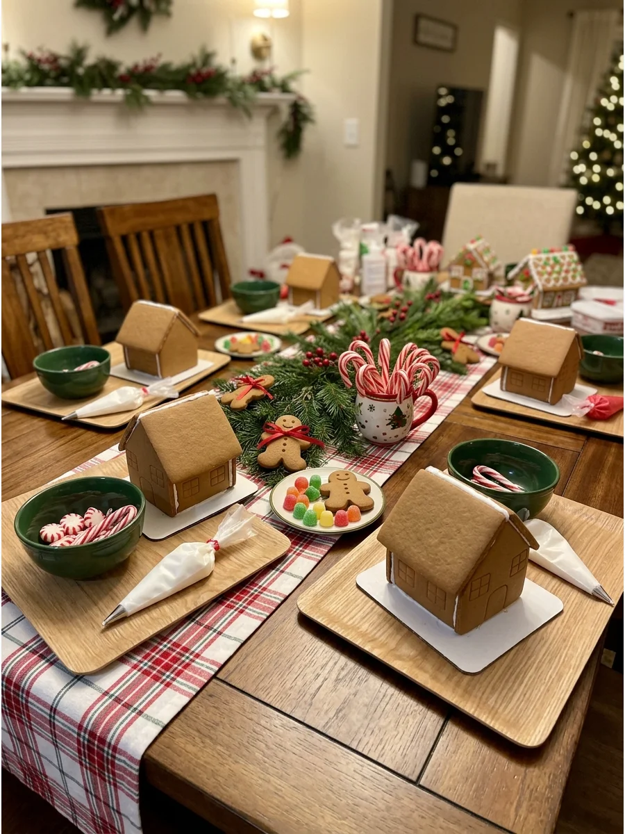 A holiday table set with red napkins and green candy bowls.