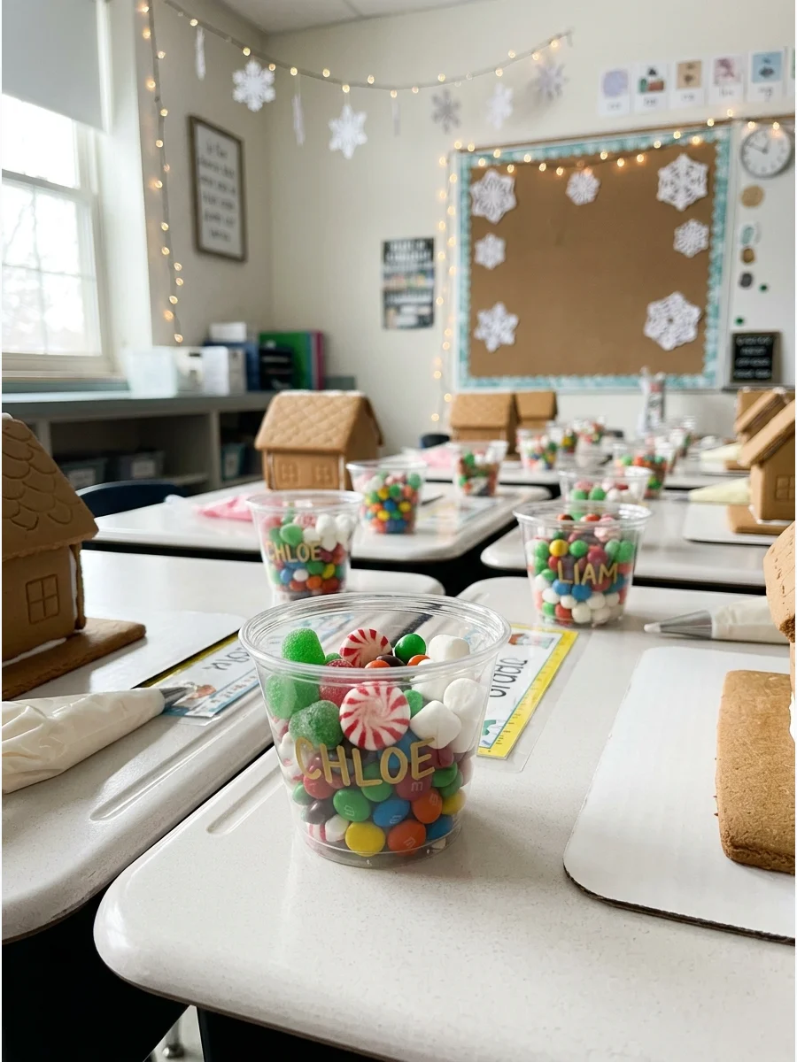 Individual clear cups filled with colorful candy for gingerbread house decorating.