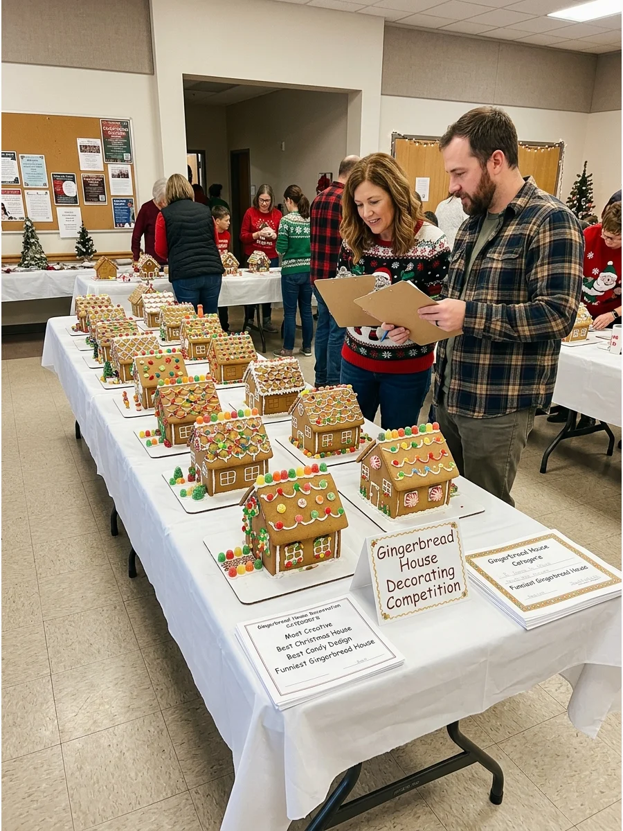 A line of gingerbread houses on a table ready for a judging panel.