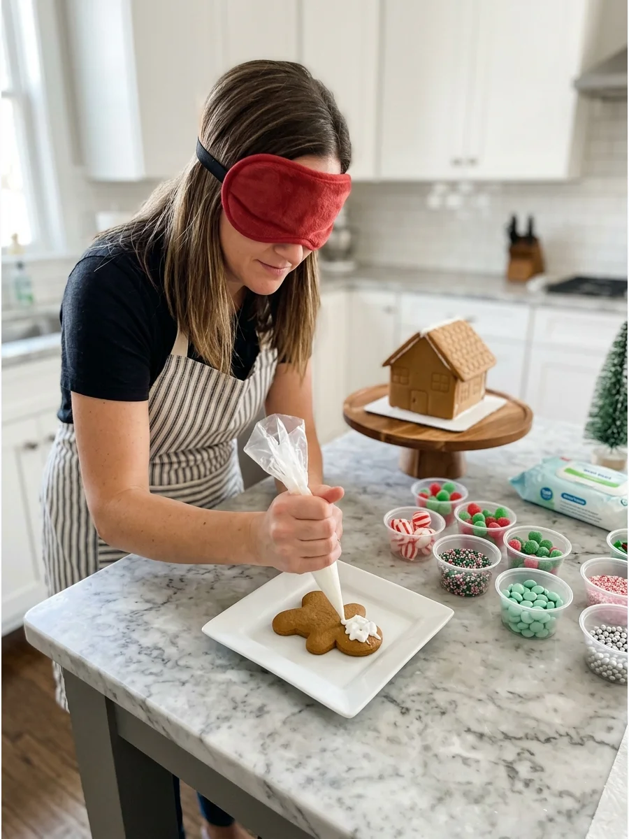 A blindfolded person attempting to decorate a gingerbread cookie with white icing.