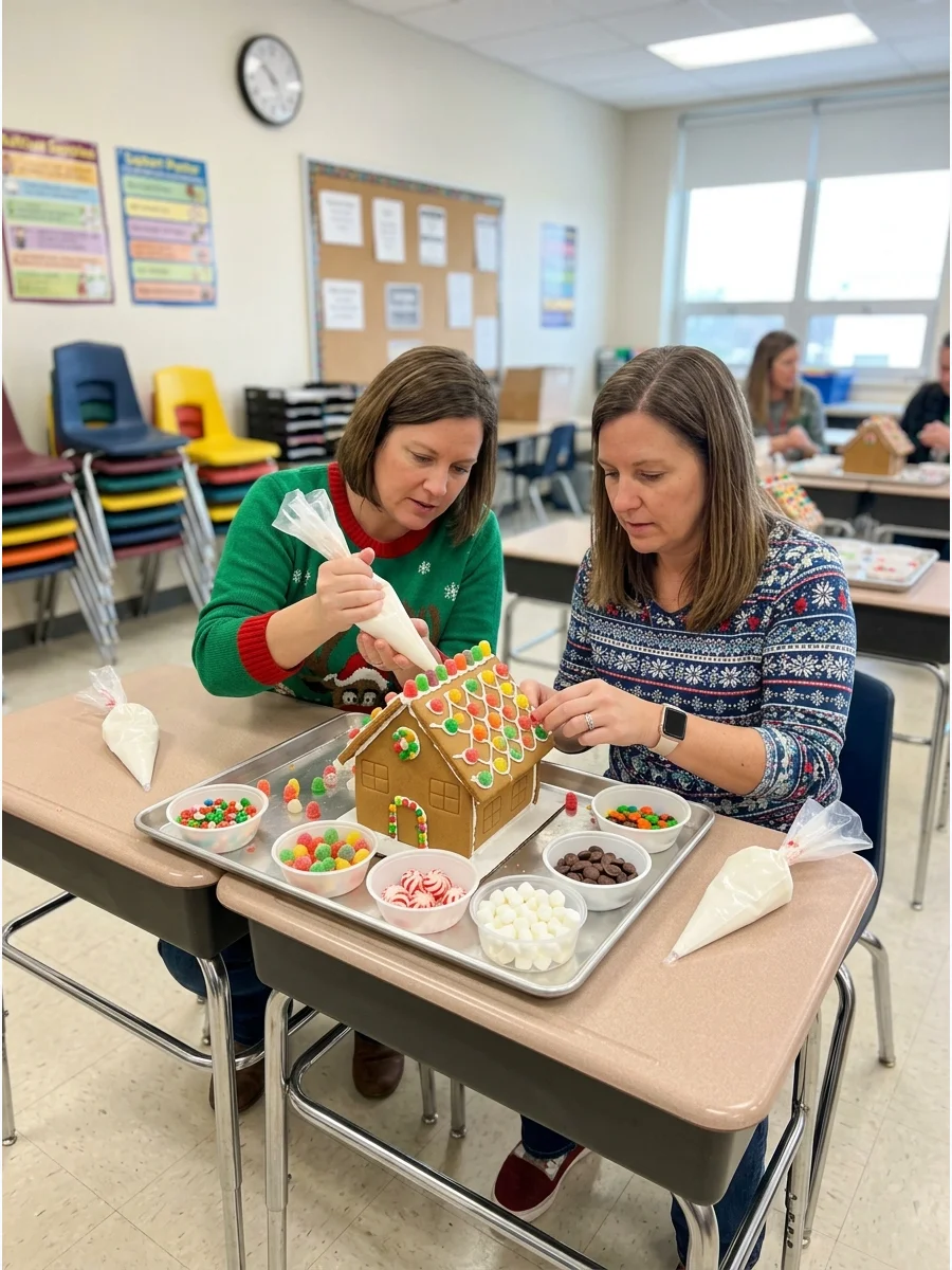 Two people collaborating on a large gingerbread house at a shared table.