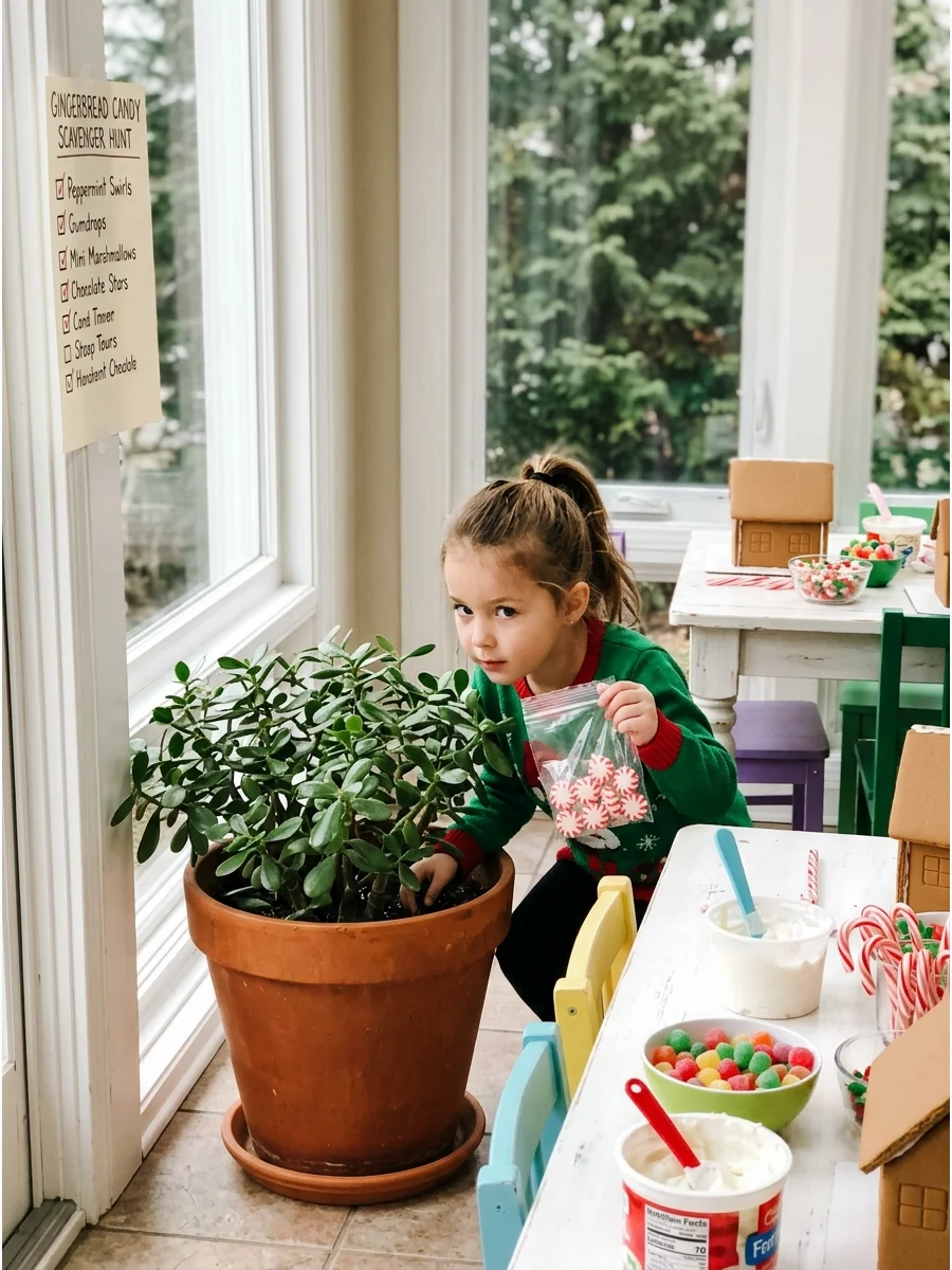 A child finding a hidden bag of candy behind a plant during a scavenger hunt.