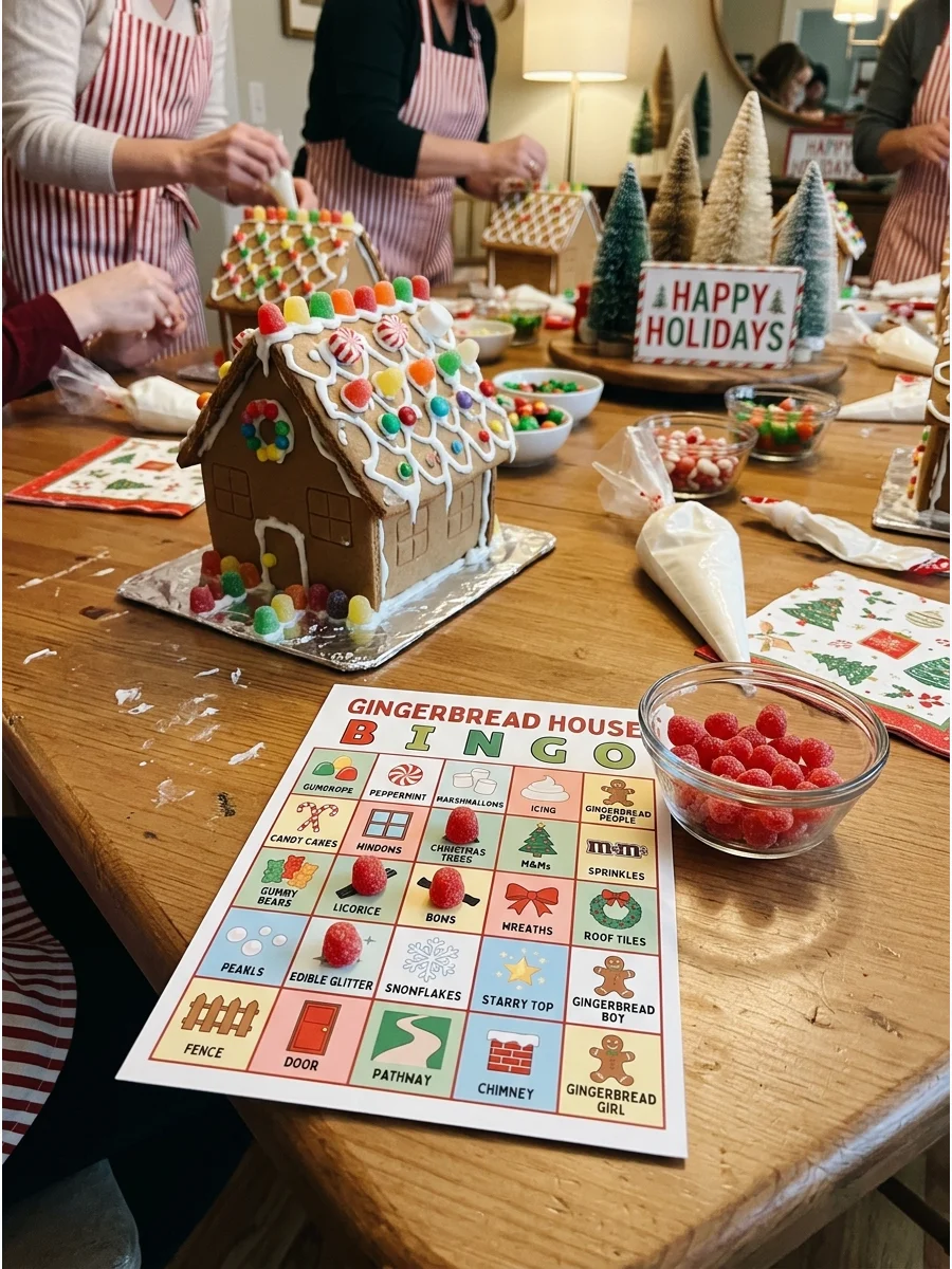 A gingerbread bingo card on a table with gumdrops used as markers.