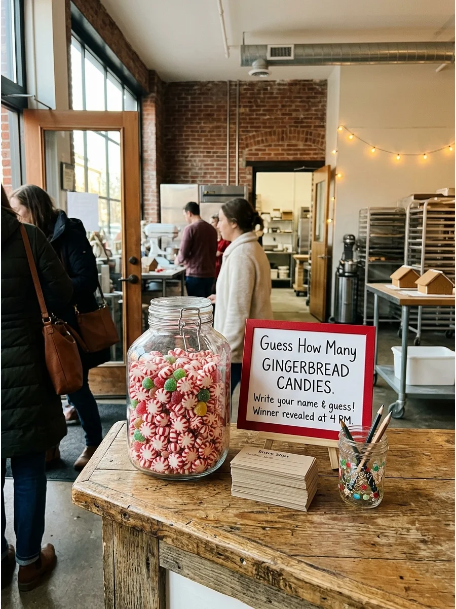 A glass jar full of candy with a sign asking guests to guess the amount.