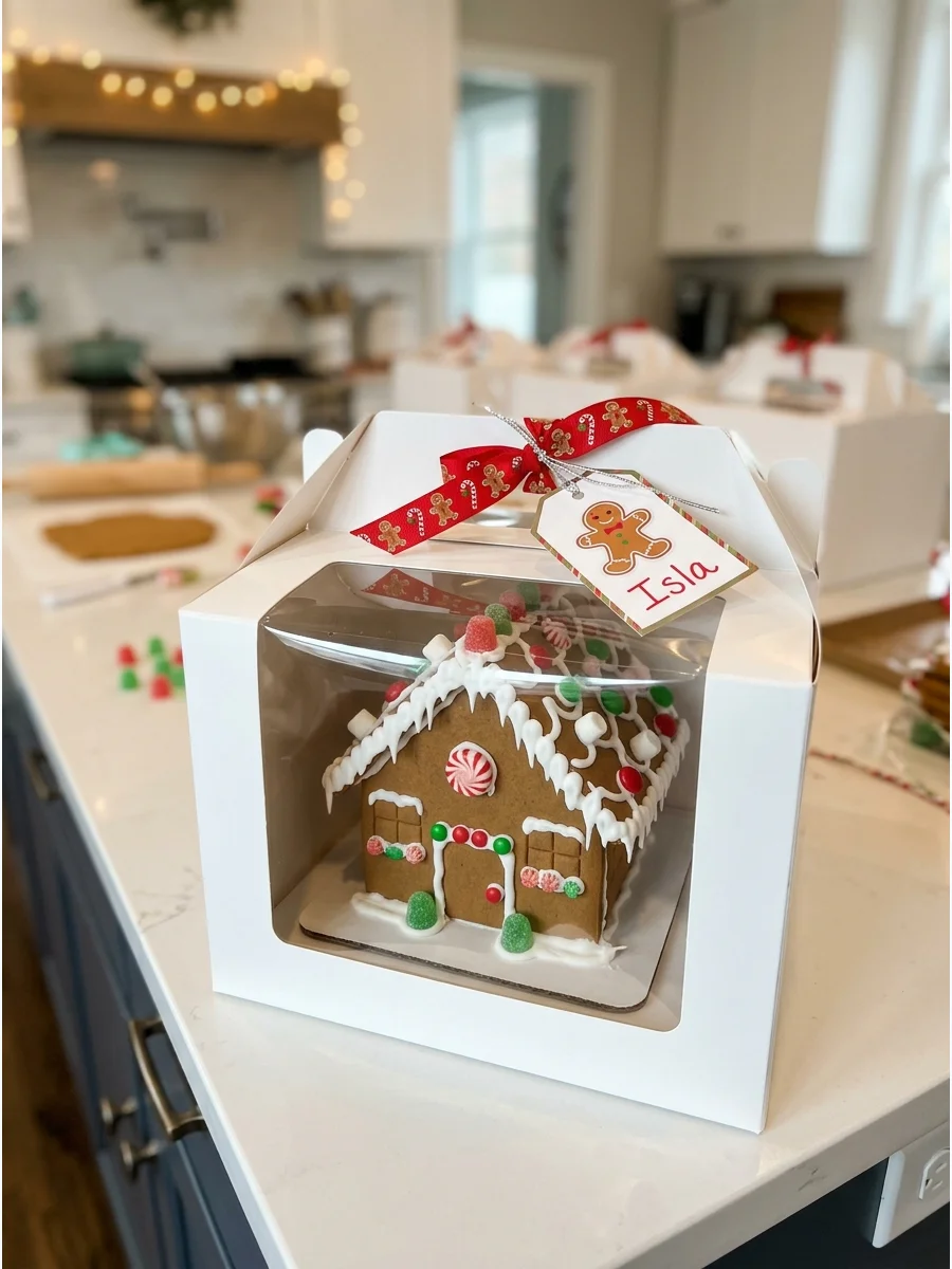 A decorated gingerbread house safely packed inside a white windowed bakery box.