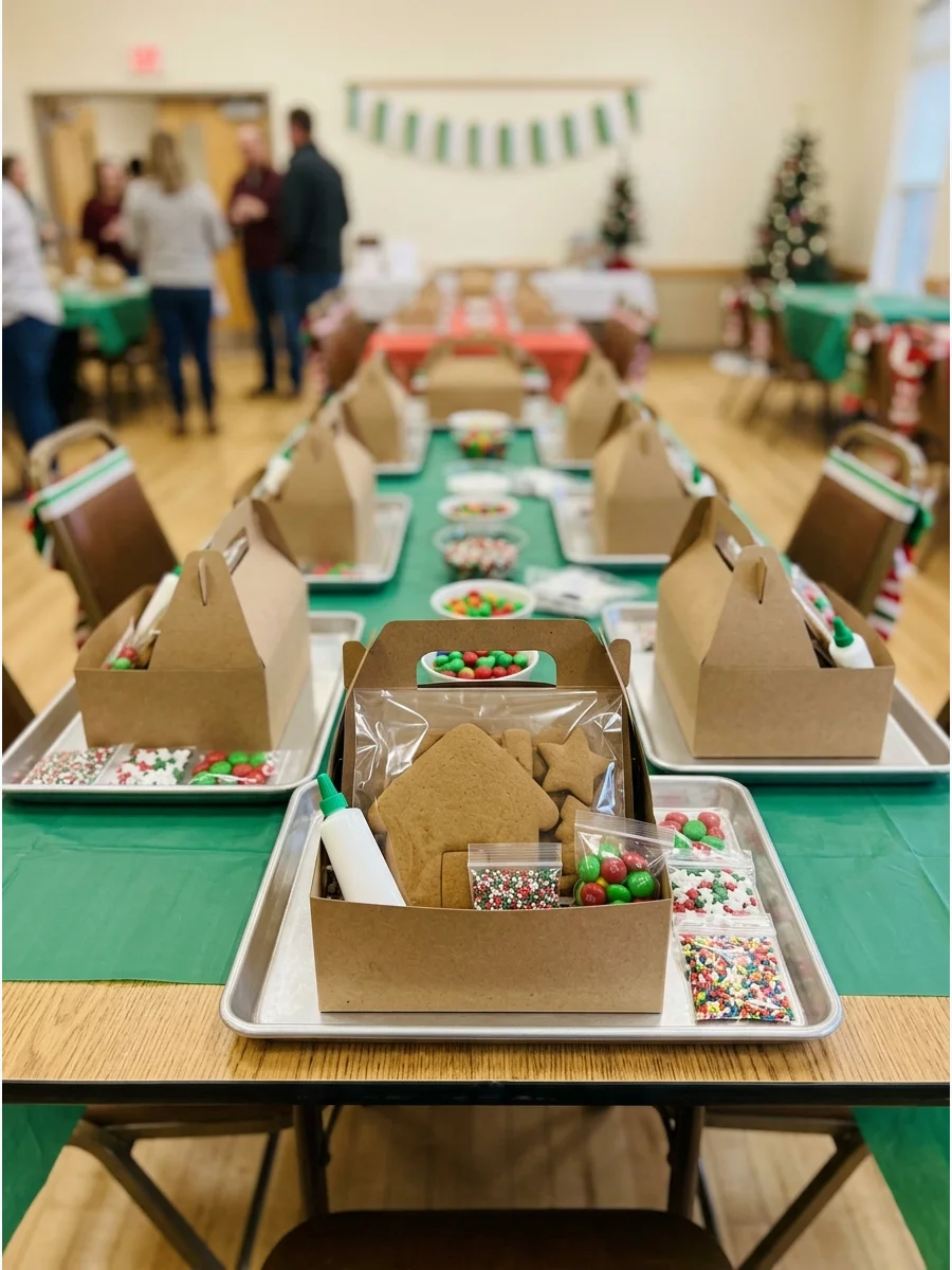 A small cardboard favor box containing gingerbread cookies and decorating supplies.
