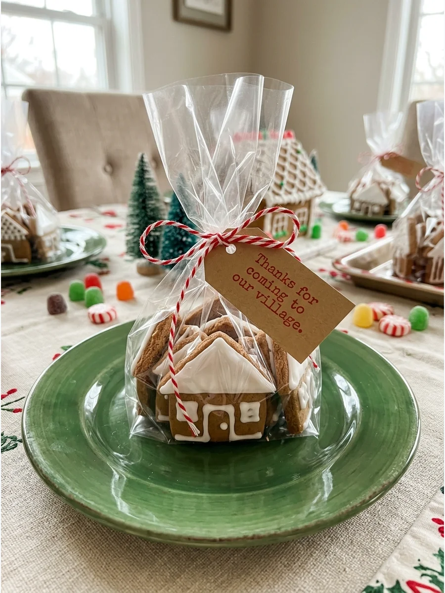A clear cellophane bag filled with gingerbread cookies and tied with a red ribbon.