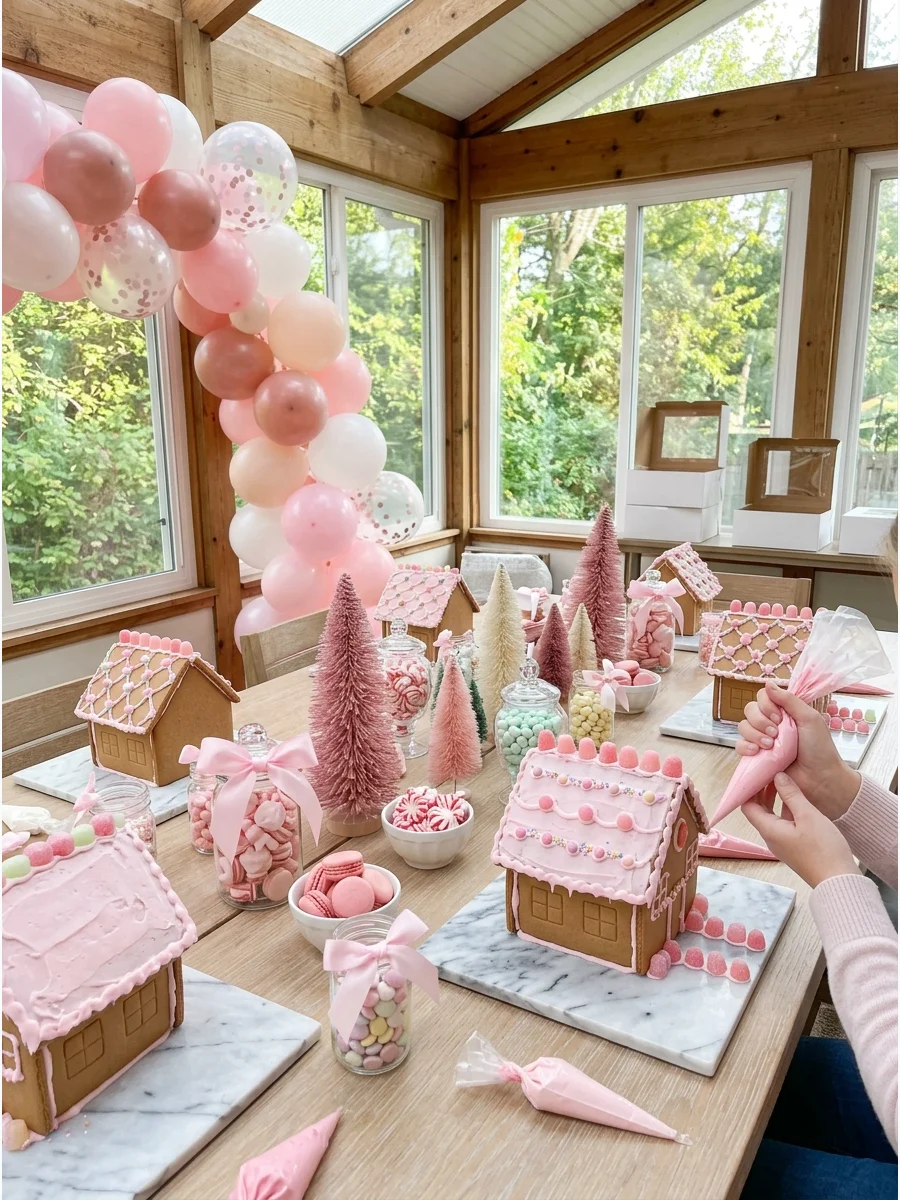 Gingerbread houses with pink icing on marble slabs in a sunroom.