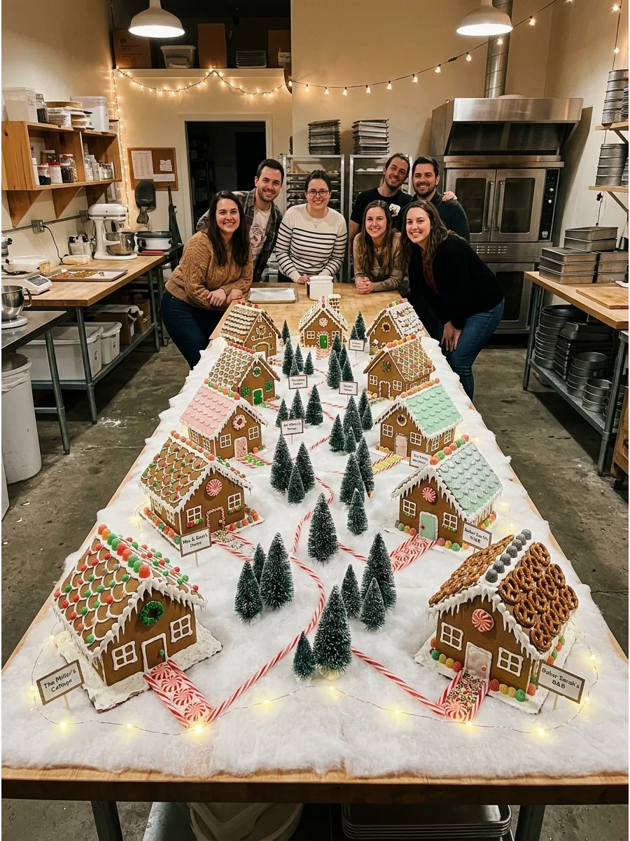 A collection of decorated gingerbread houses arranged as a village on a snowy table.