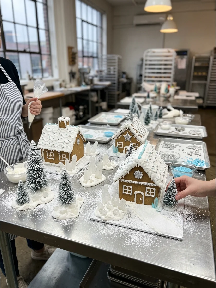 White and silver gingerbread houses on a metal workshop table.