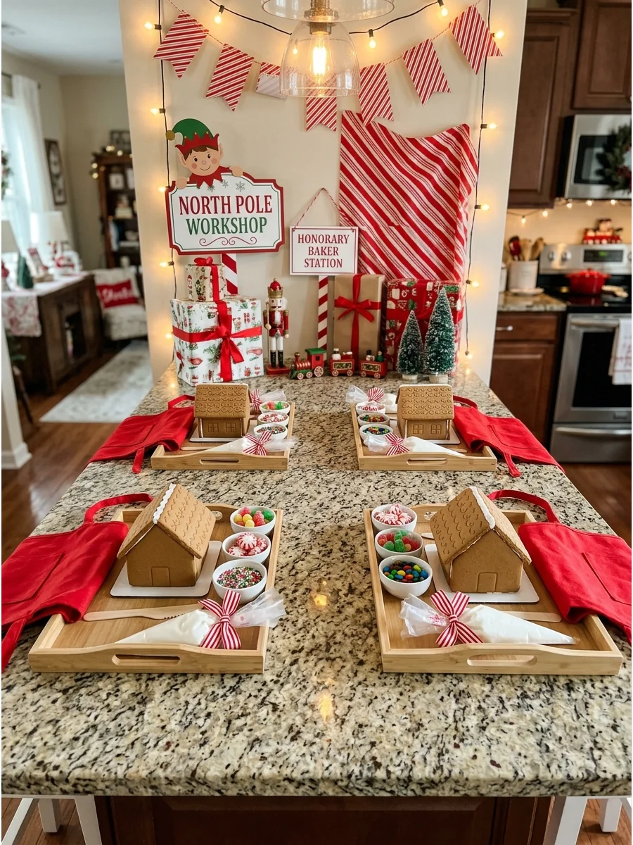 Kitchen island workstations with red aprons and wooden trays.