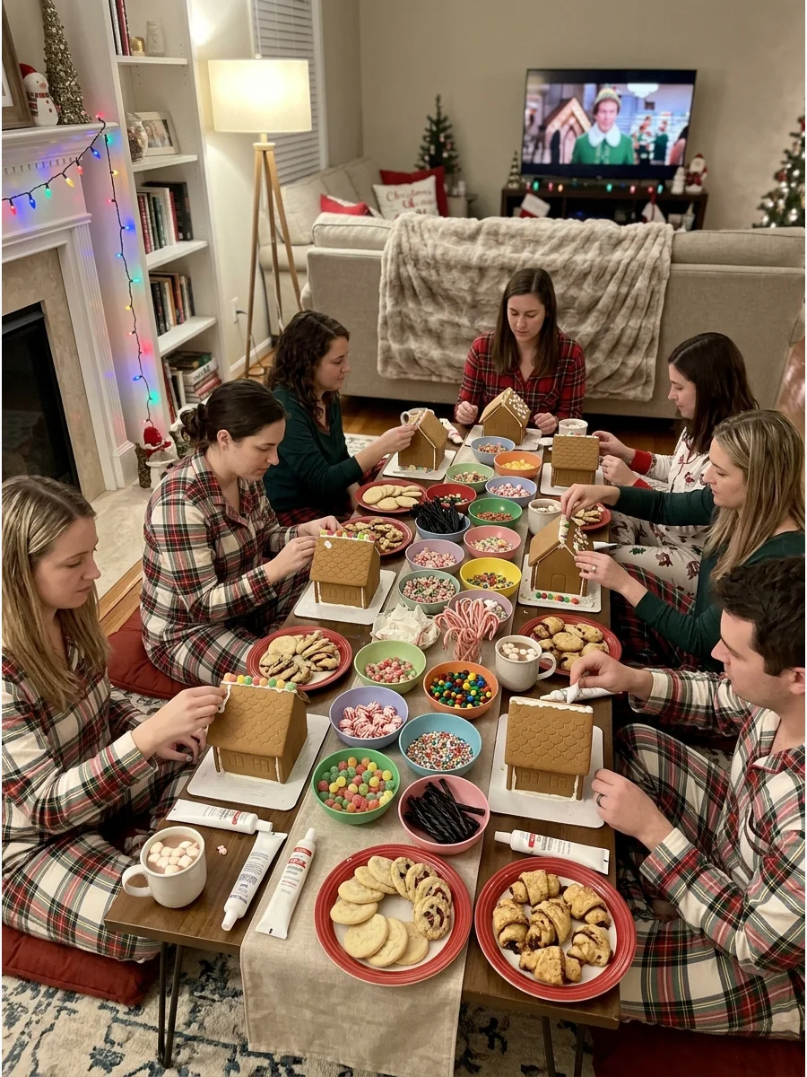 A low table with gingerbread kits and guests in pajamas.
