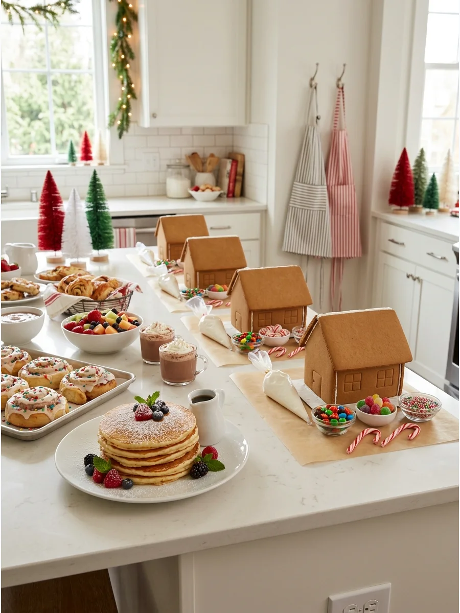 Pancakes and coffee served next to undecorated gingerbread houses.