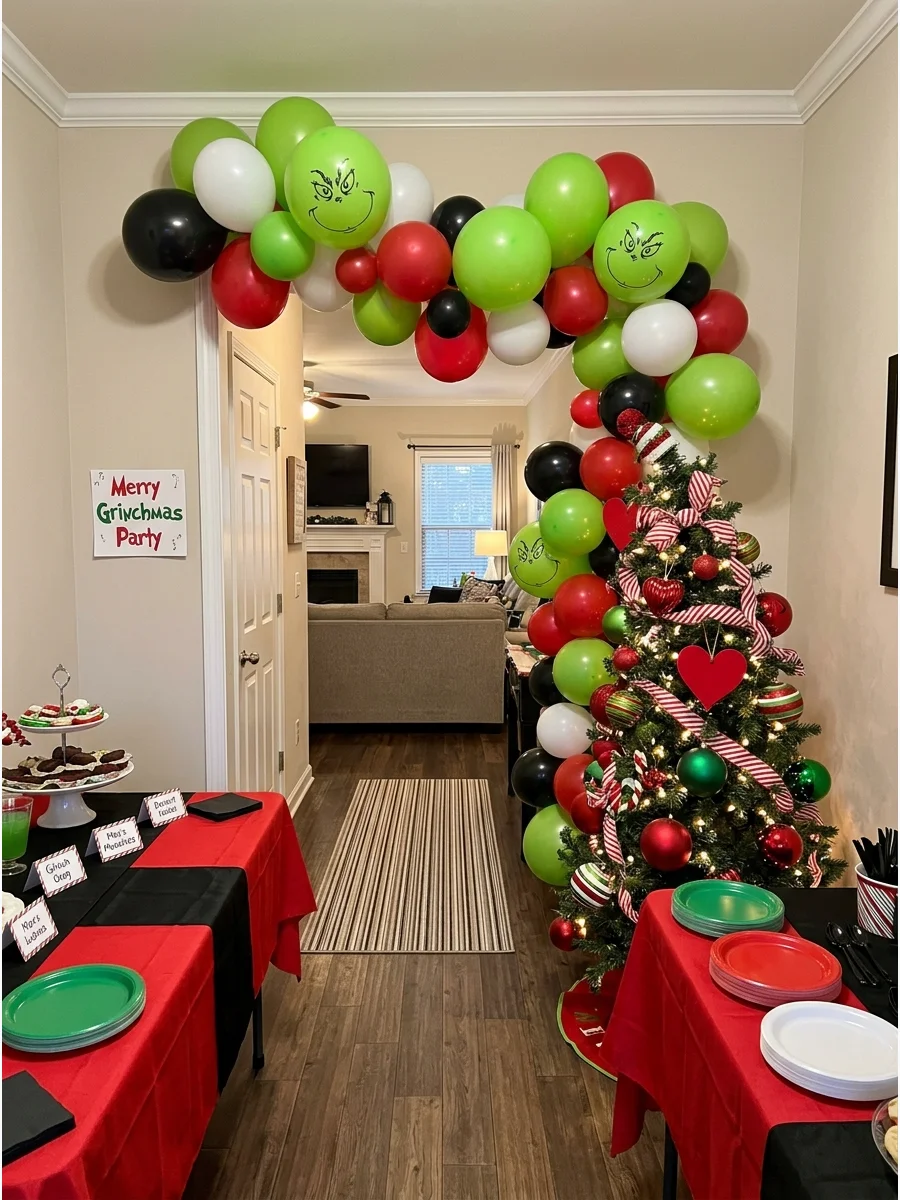 A living room decorated with green and red balloons and a matching festive table.