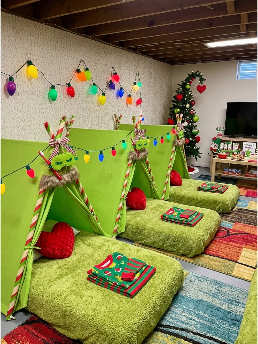 A basement sleepover setup with green tents and whimsical lighting.