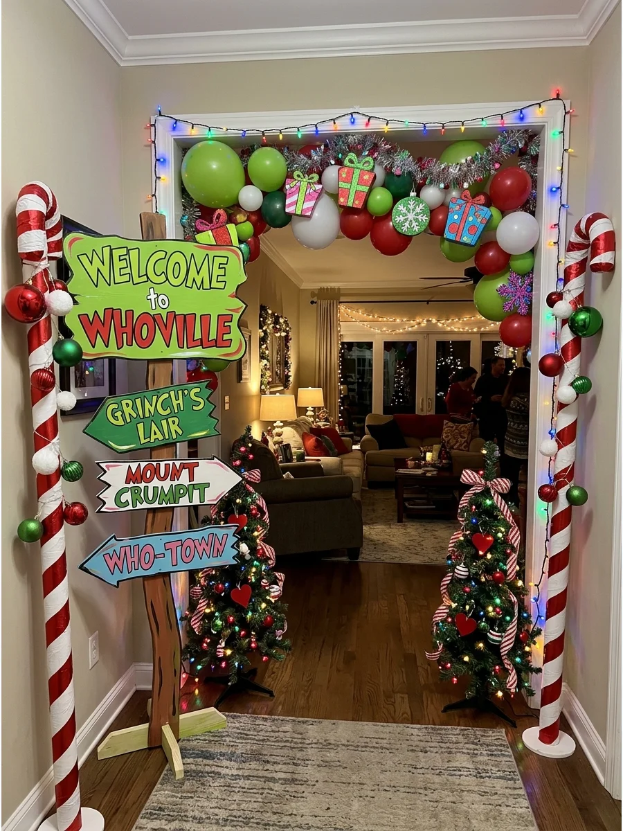 A whimsical Whoville entrance sign next to a living room door.