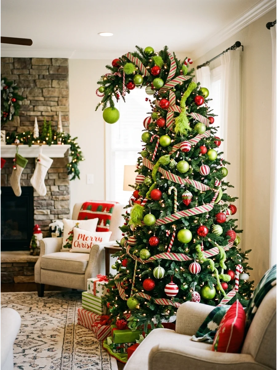 A lime green Christmas tree with red ornaments and a bent top in a living room.