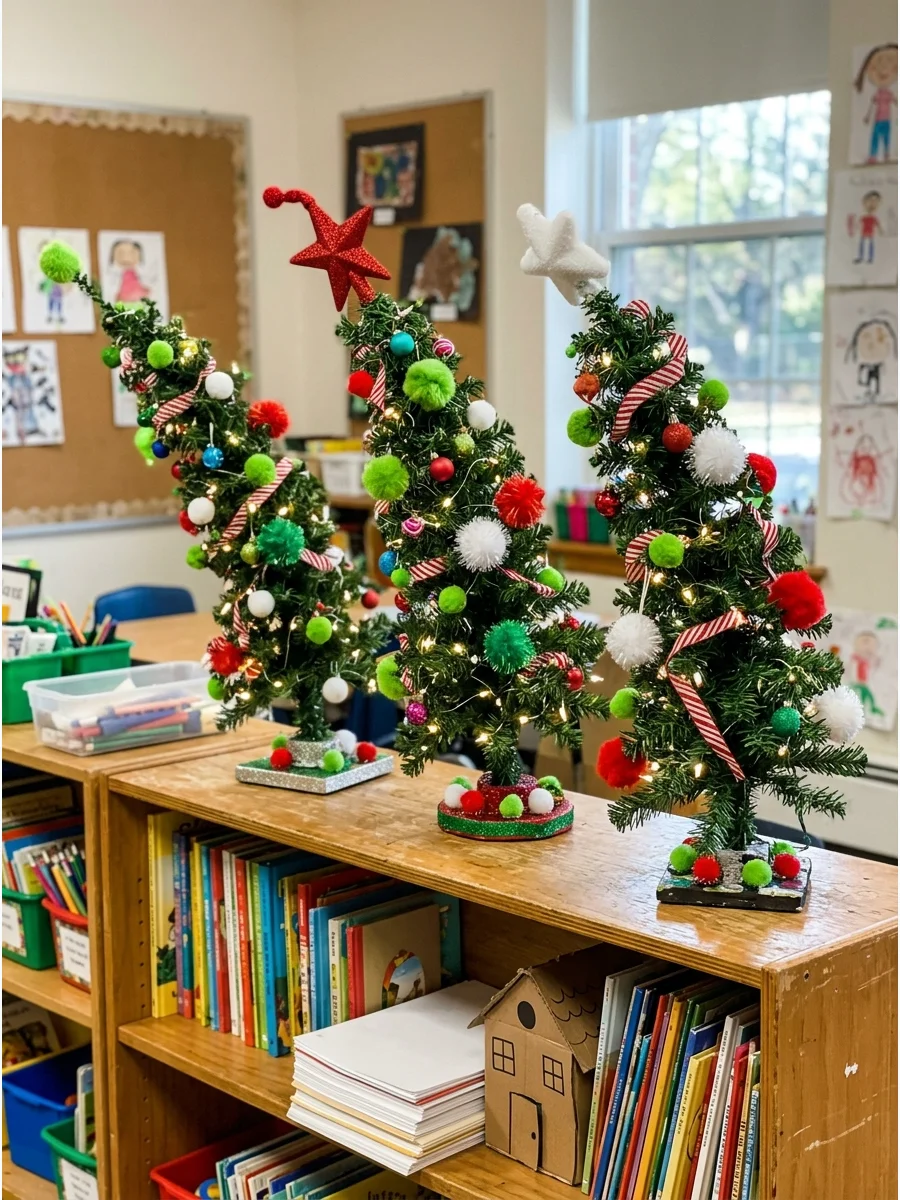Small crooked tabletop Christmas trees decorated with pom-poms on a shelf.
