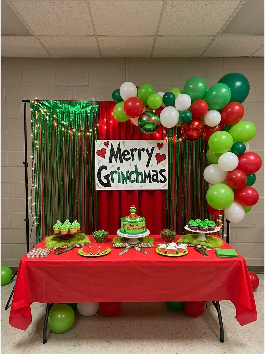 A green fringe backdrop with a red Merry Grinchmas banner behind a dessert table.