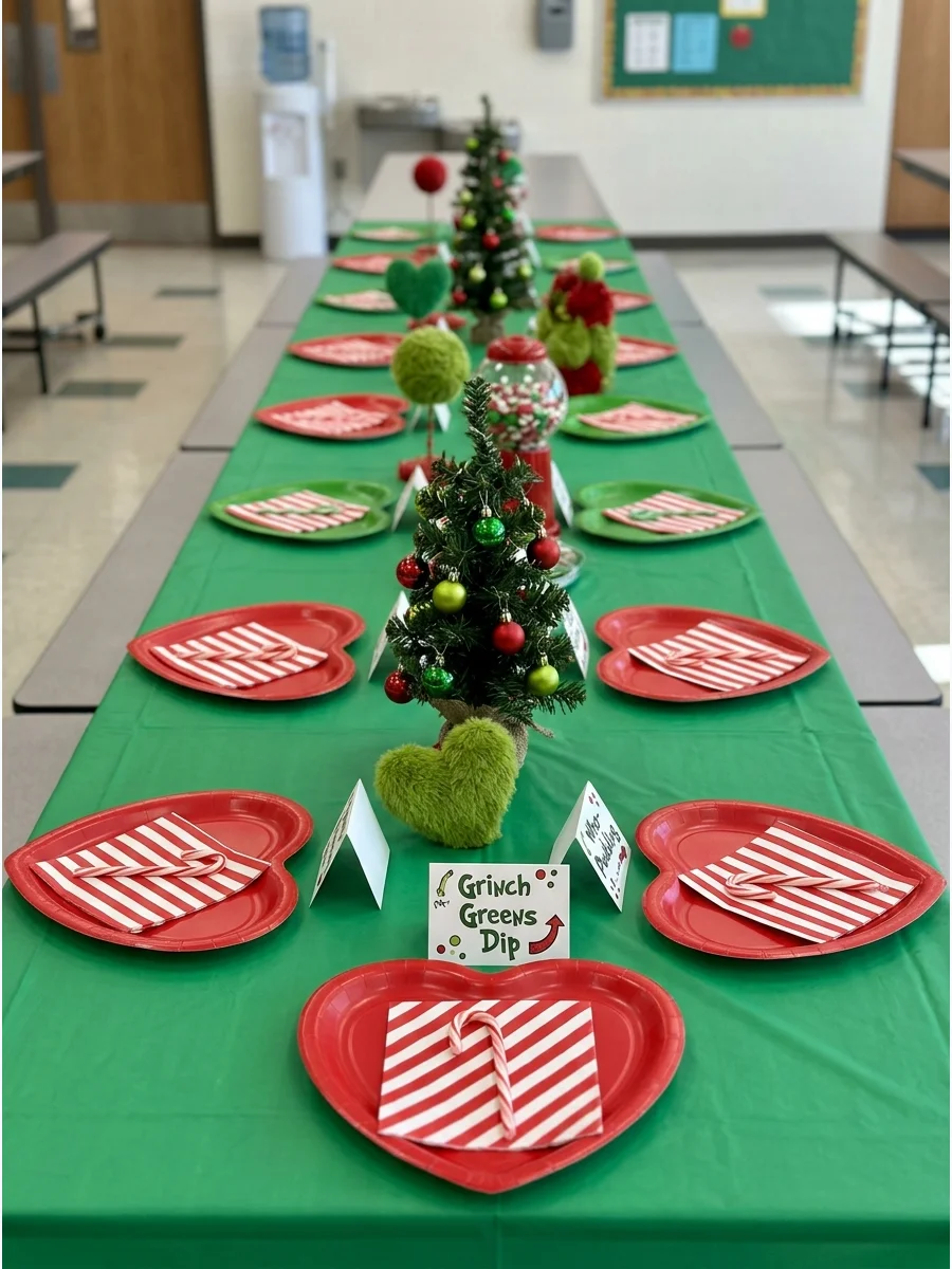 A festive table setting with green linens and red heart plates in a cafeteria.