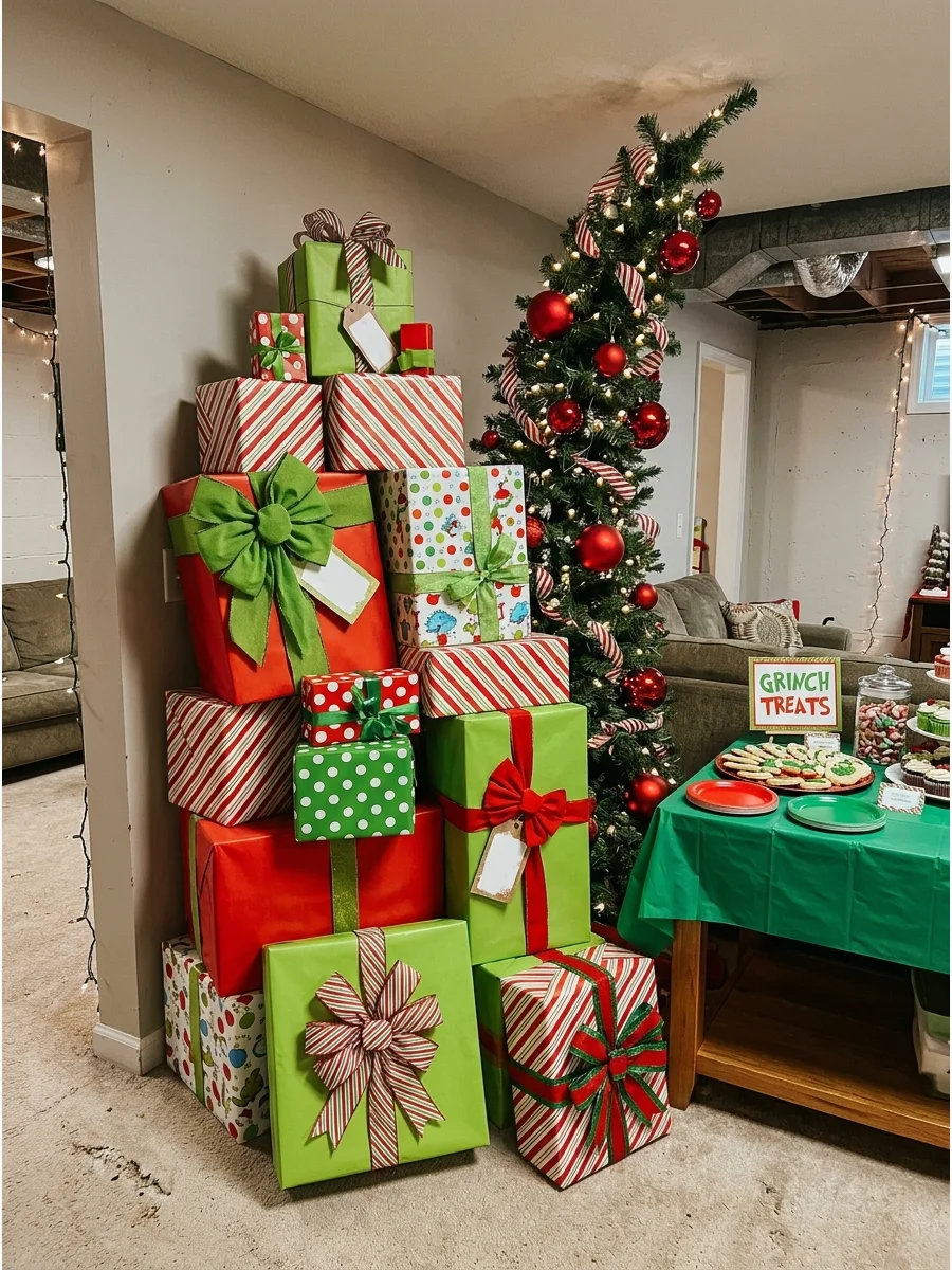 A stack of large green and red wrapped gift boxes piled crookedly in a corner.