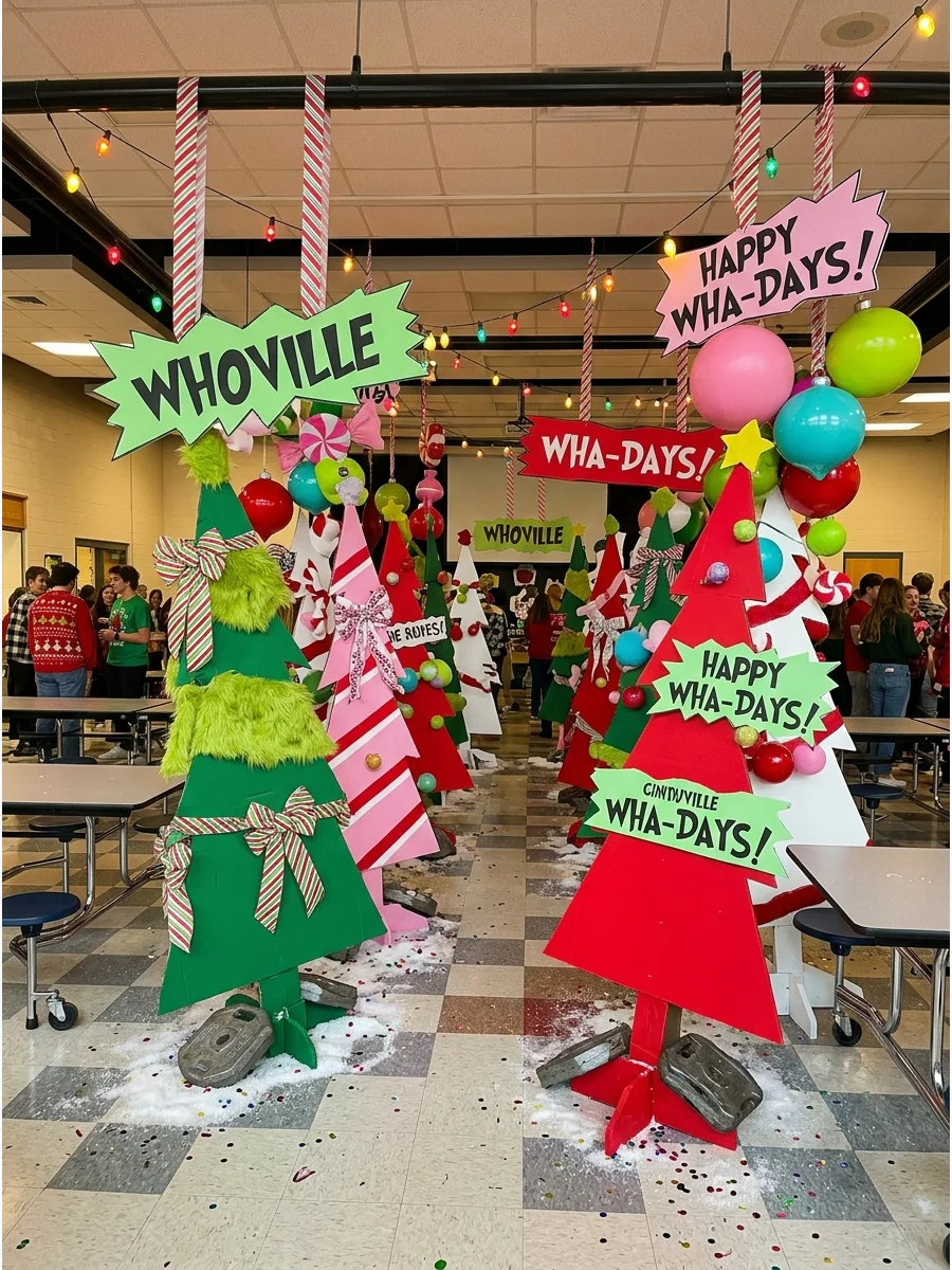 A school cafeteria transformed into Whoville with leaning trees and colorful ornaments.