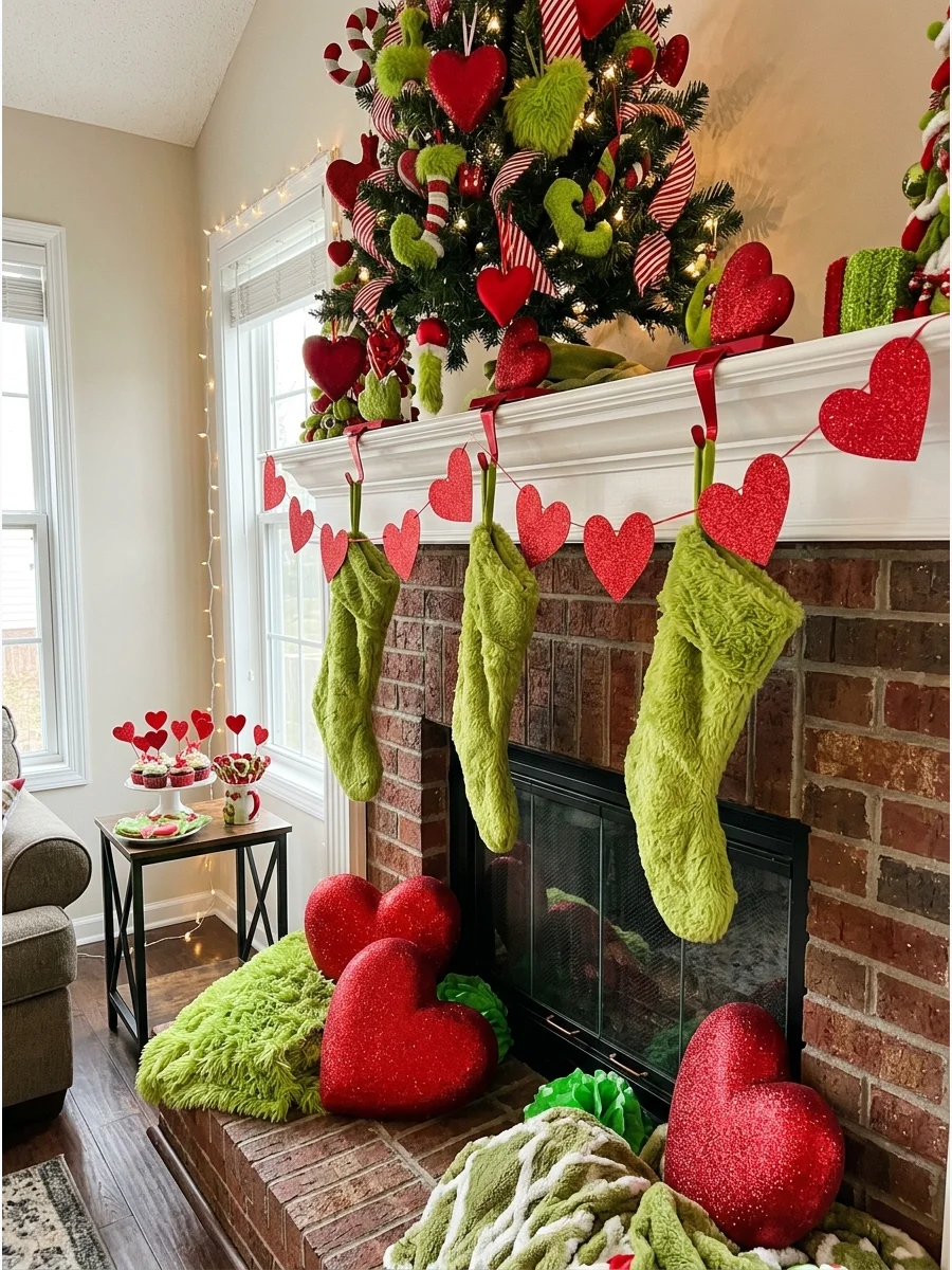 A garland of red paper hearts hanging over a fireplace mantel.