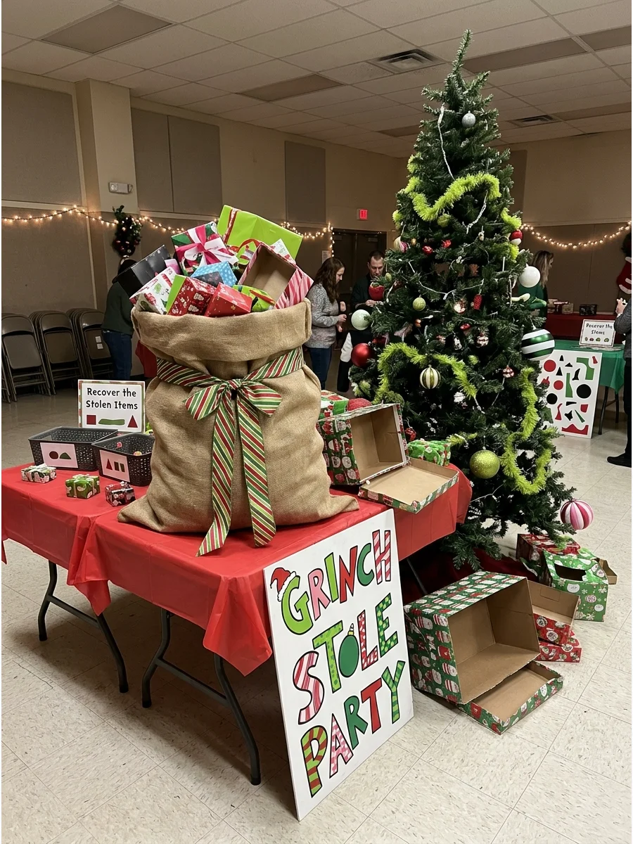 A community room decorated with empty gift boxes and a large burlap sack.