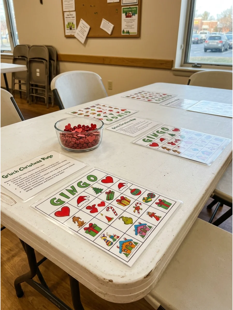 Grinch themed bingo cards and red candy markers on a table.