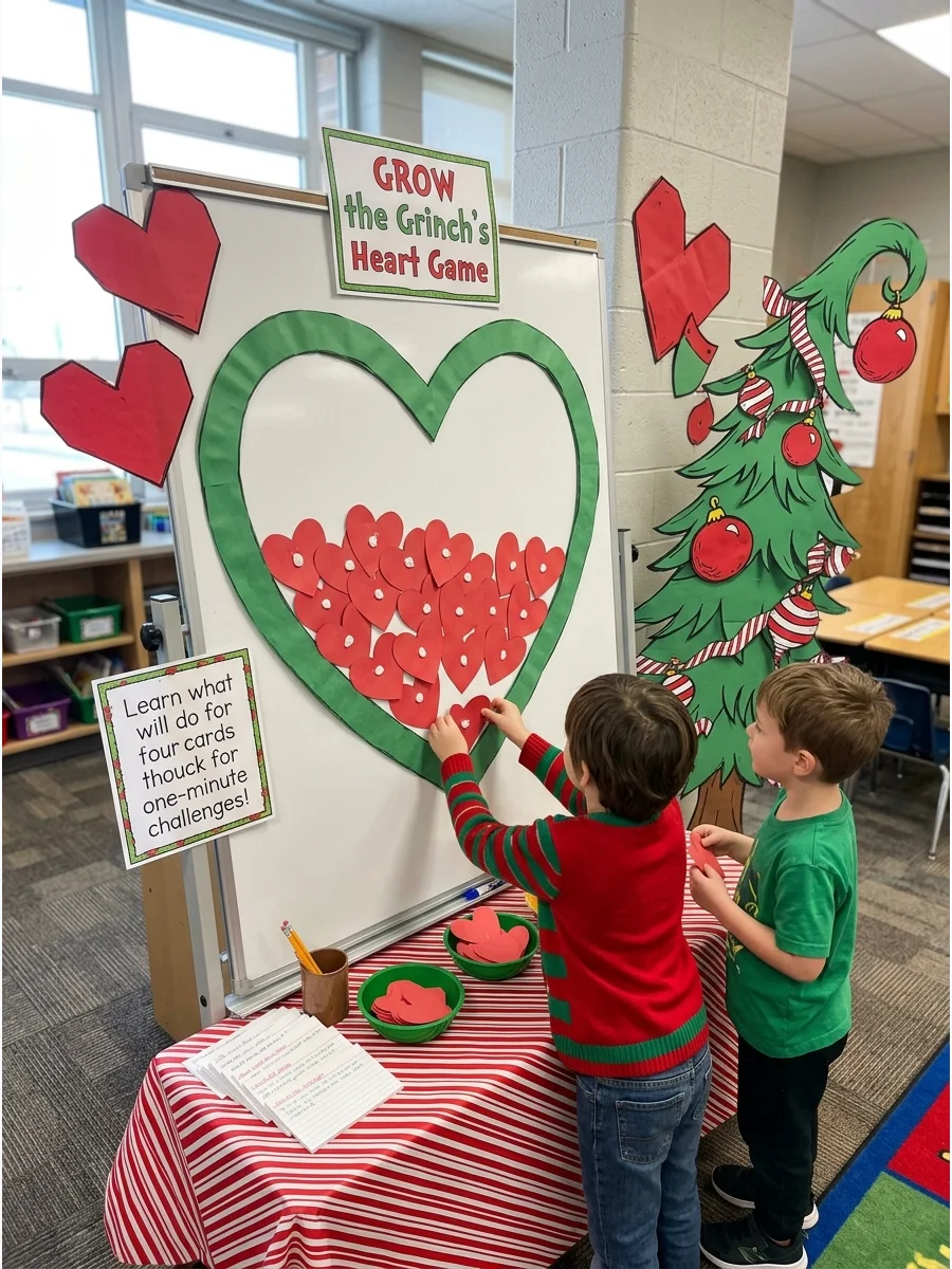 A classroom white board showing a large heart made of small red paper hearts.