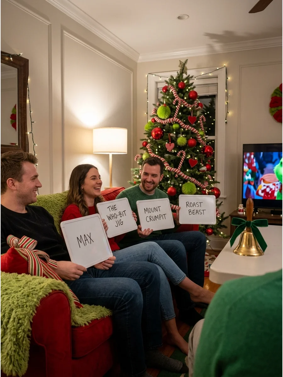 Party guests playing a Grinch trivia game in a living room.