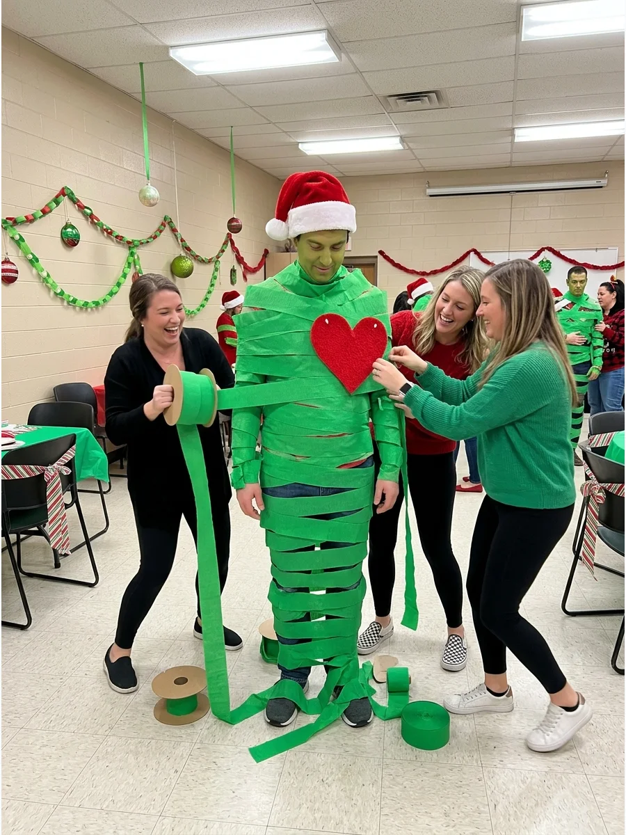 A person wrapped in green streamers like the Grinch.
