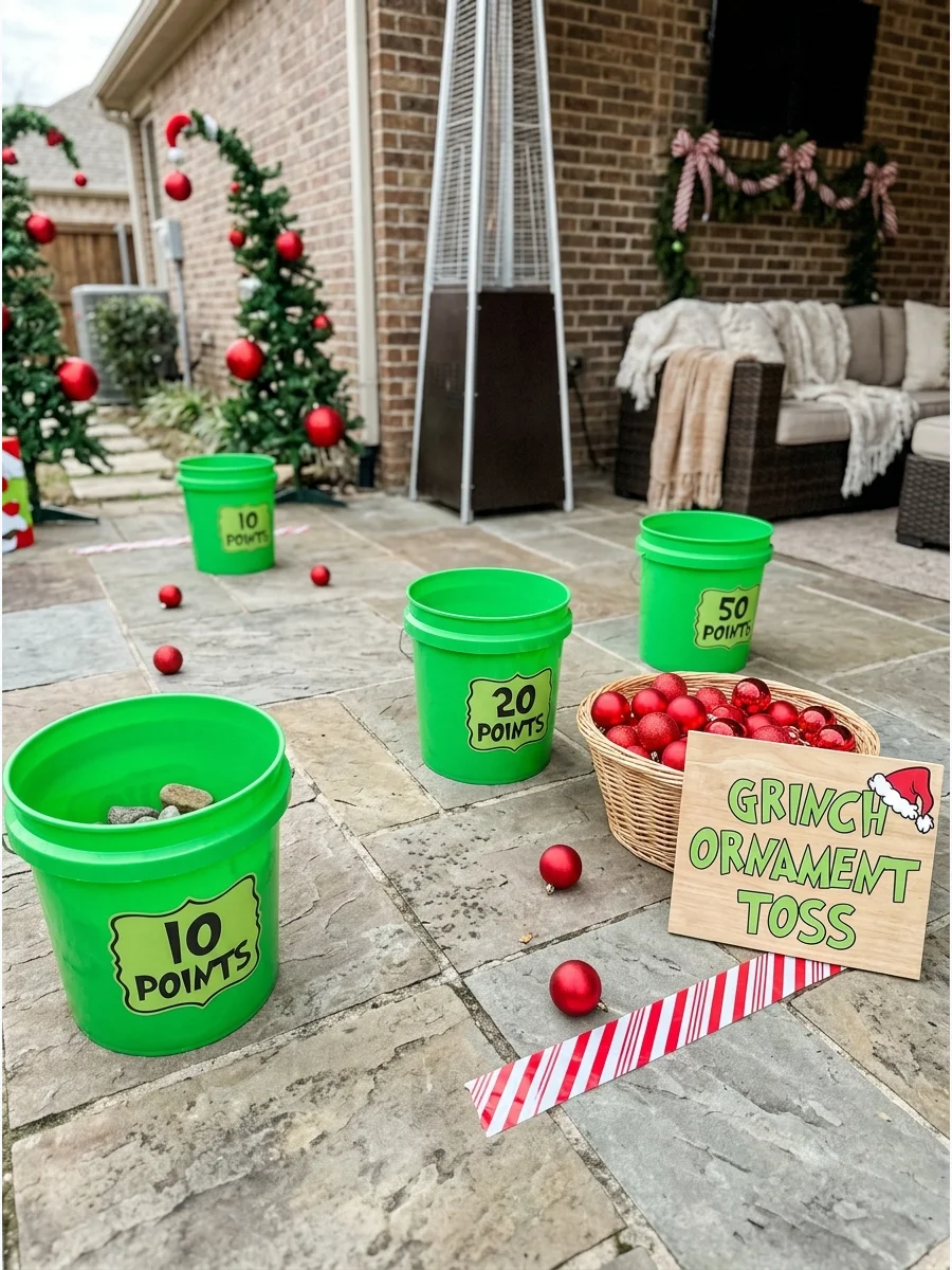 Green buckets and red ornaments for a toss game on a patio.