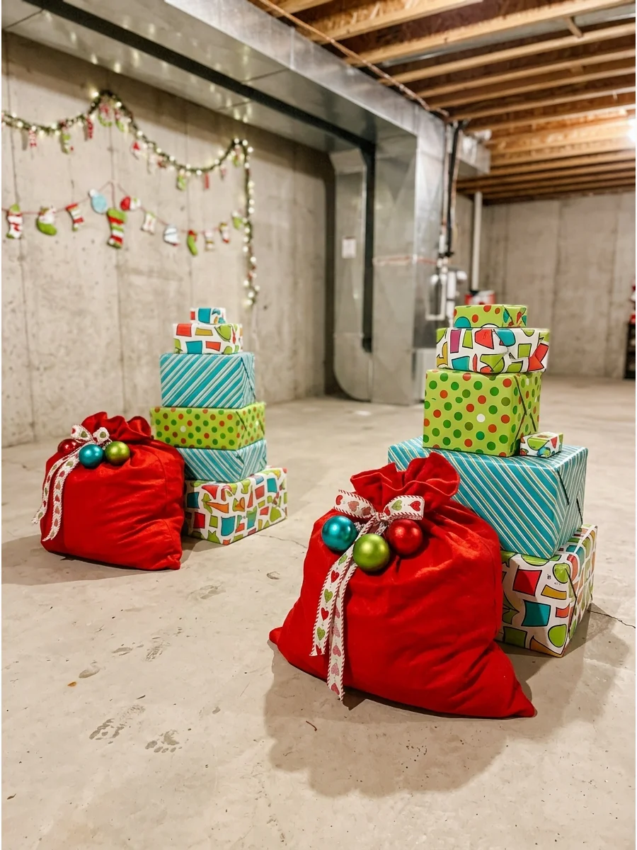 Red Santa sacks and wrapped boxes for a relay race.