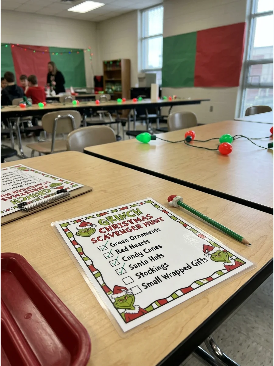 A scavenger hunt checklist on a table for a Grinch party.