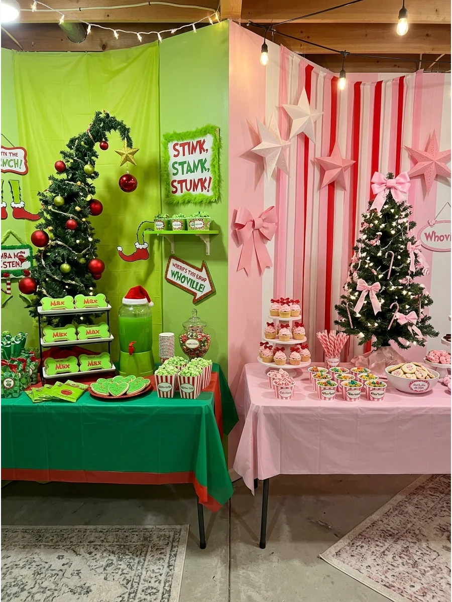 A basement party space split into green and pink themed sections.
