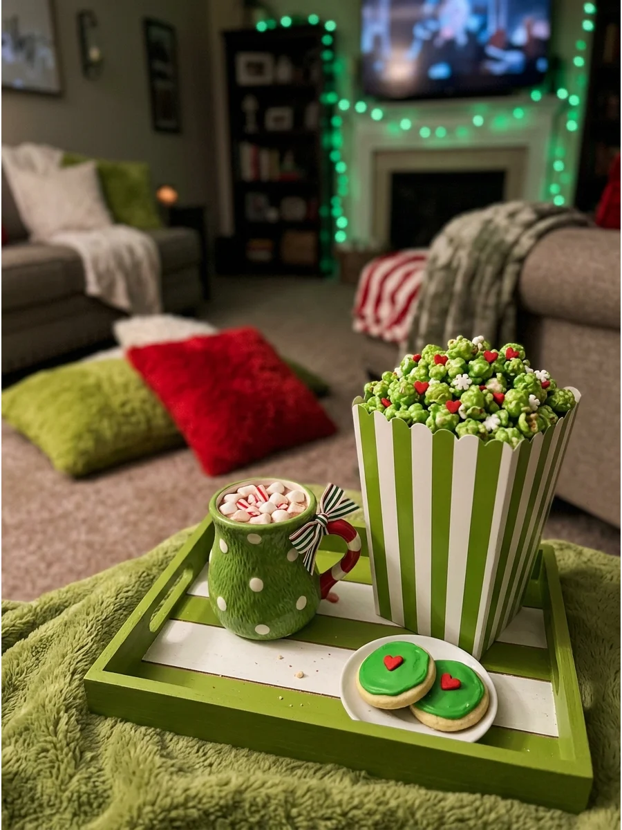A cozy movie night setup with green blankets and themed snacks.