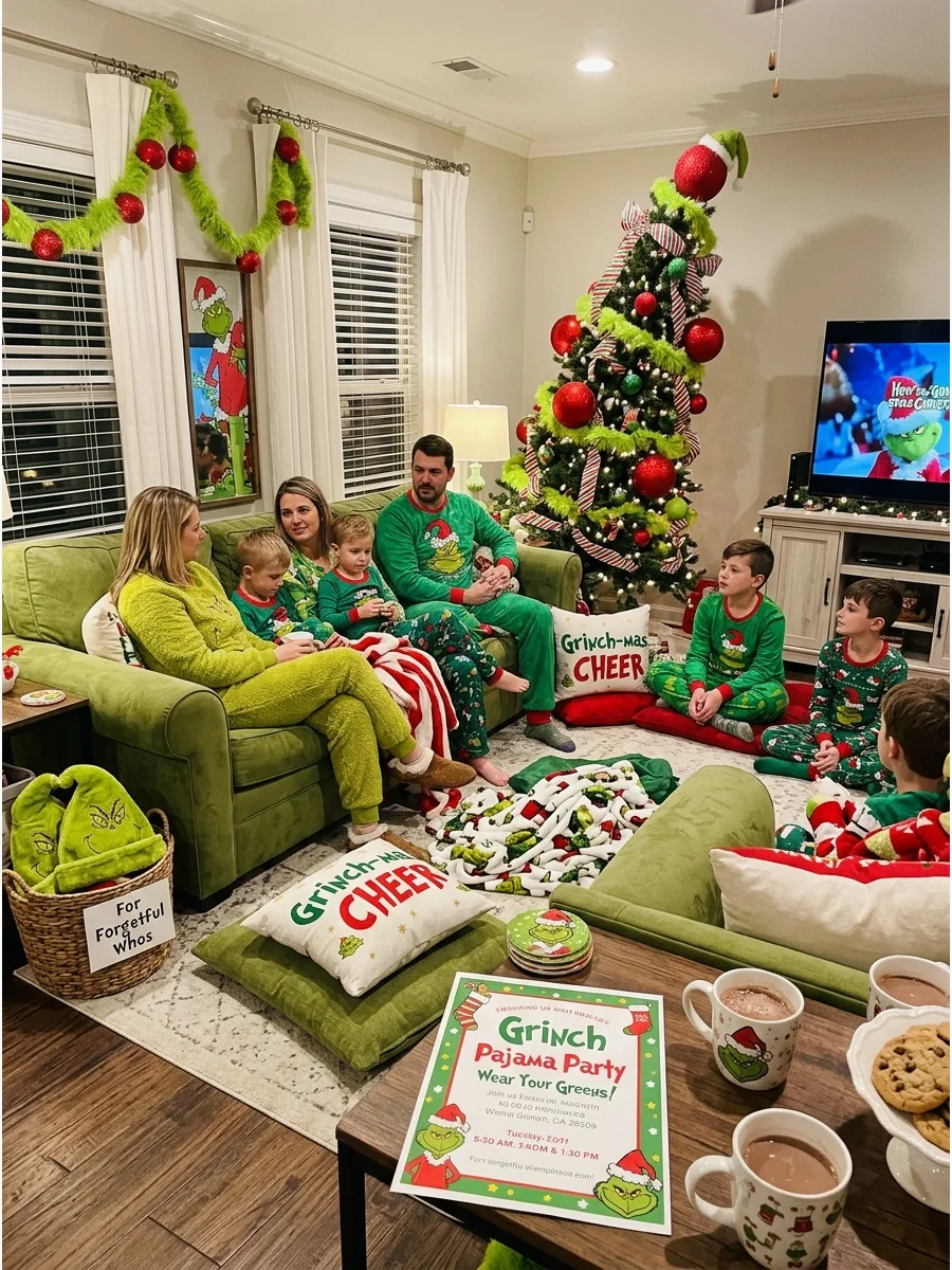 Guests wearing green pajamas at a holiday party in a living room.