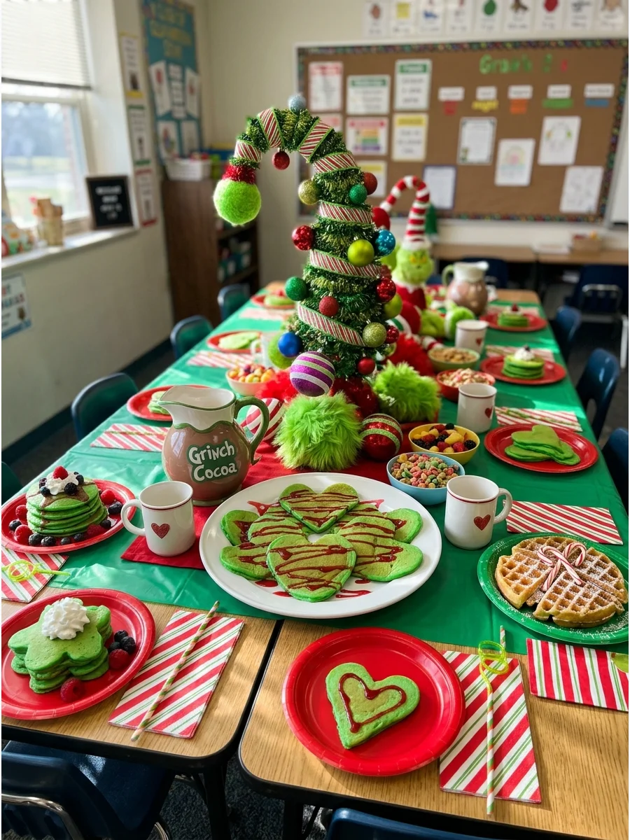 A classroom table arranged for a Grinch-themed breakfast with green pancakes.
