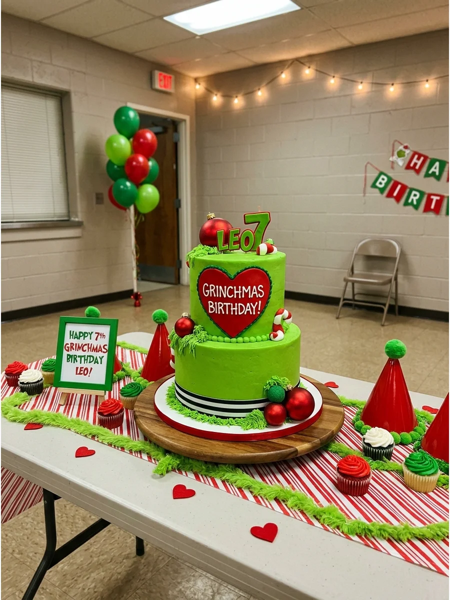 A birthday party setup with a green cake and red heart decorations.