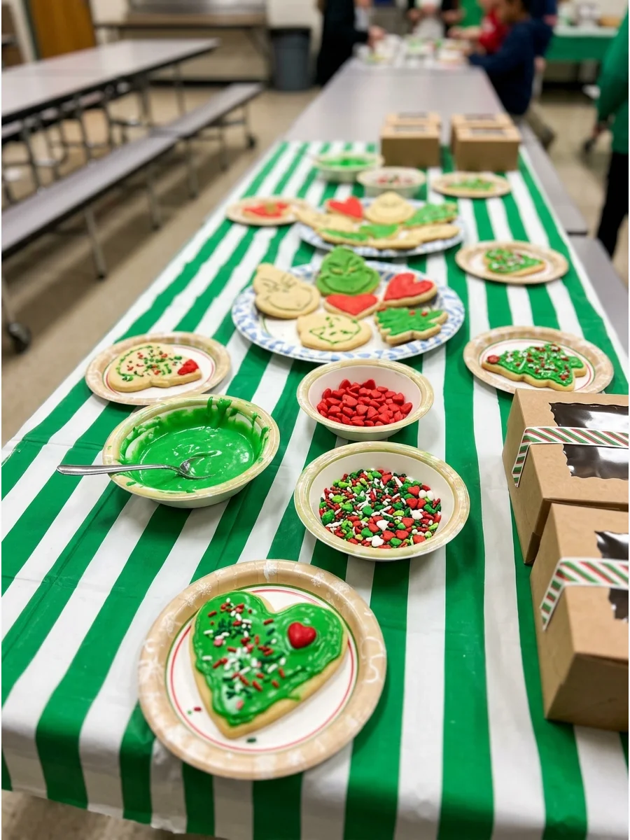 A cookie decorating station with green frosting and festive sprinkles.