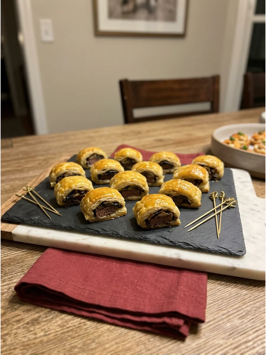 Mini beef wellington pastries on a dark platter.