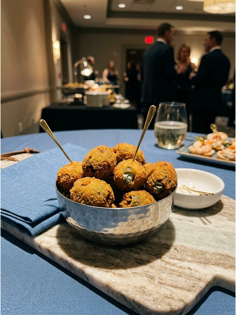 Fried breaded olives in a silver bowl.