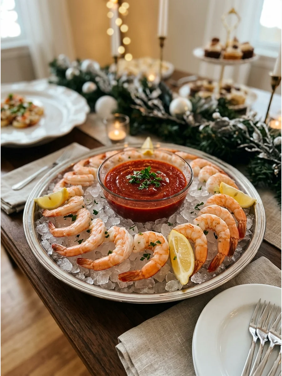 Chilled shrimp cocktail served on ice with lemon wedges on a silver platter.