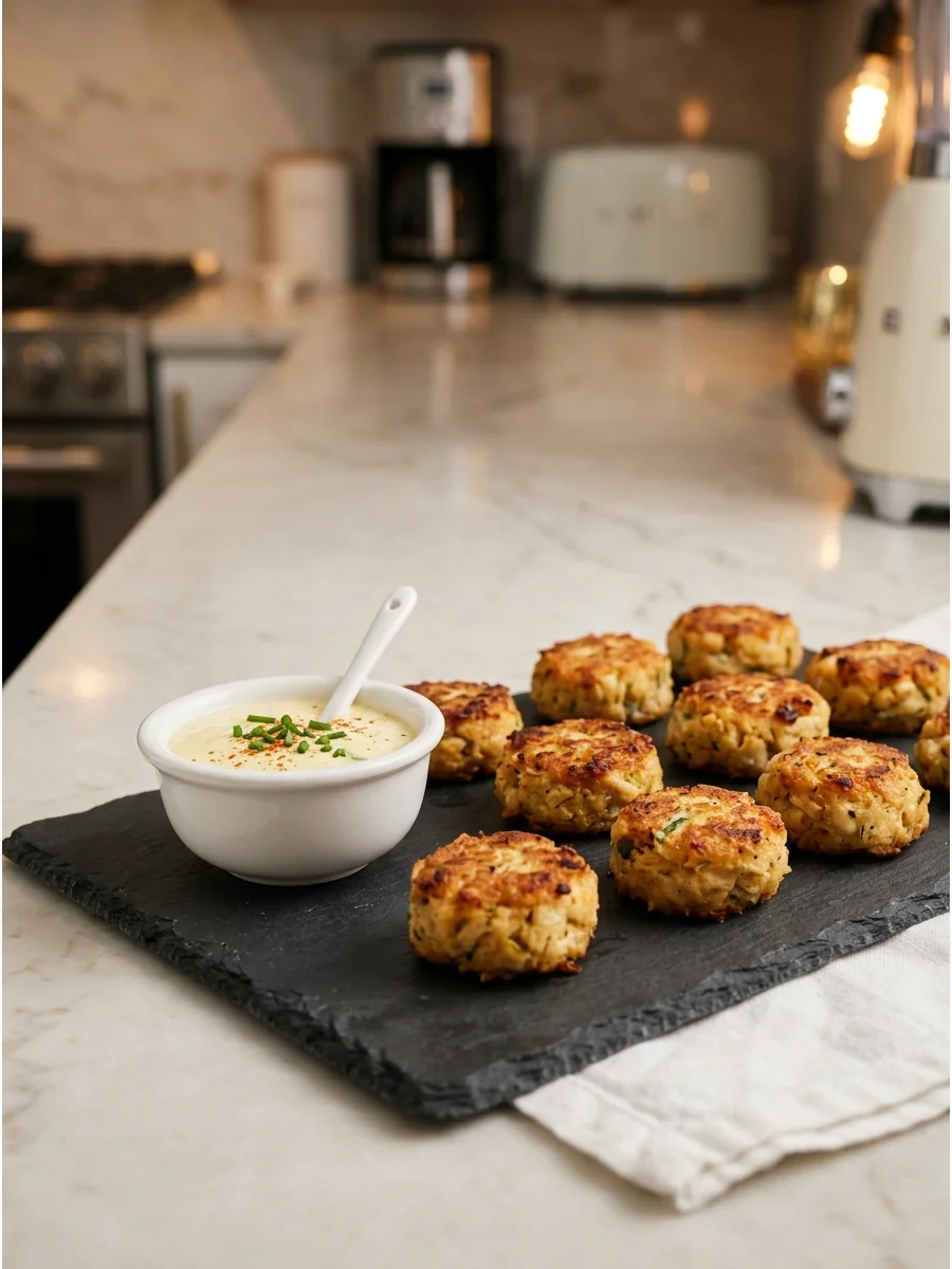 Bite-sized crab cakes with a side of creamy dipping sauce on a slate tray.