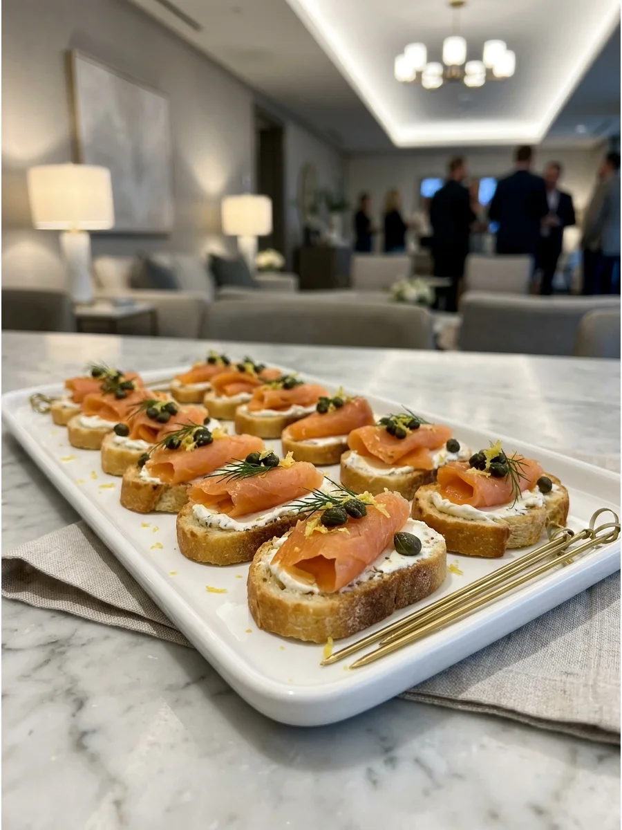 Smoked salmon and cream cheese crostini garnished with dill and capers.